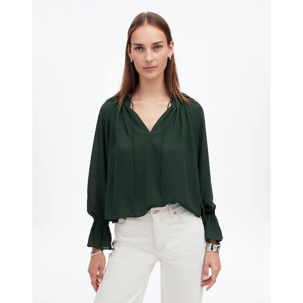 Madewell Long-Sleeve Tie-Neck Top Luxury Forest Sheer Blouse Size XS #1100
